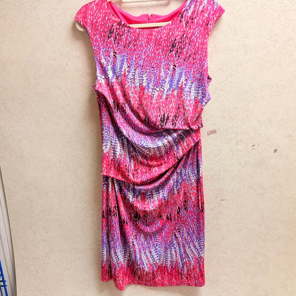 Cato 16 Womens Abstract Pink Purple Print White Ruched‎ Vibrant Flattering Dress